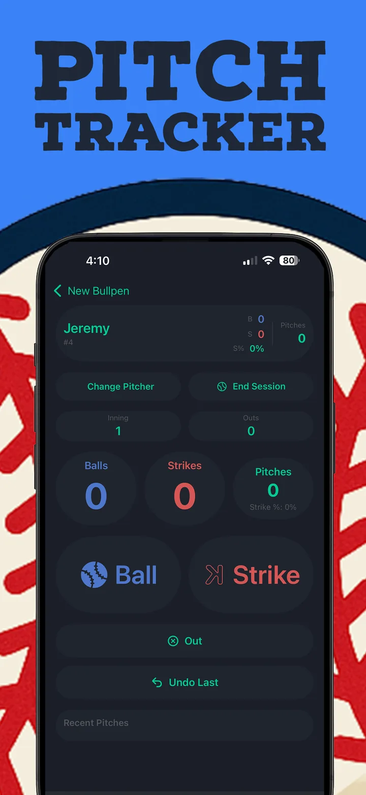 Pitch Tracker screen showing bullpen tracking