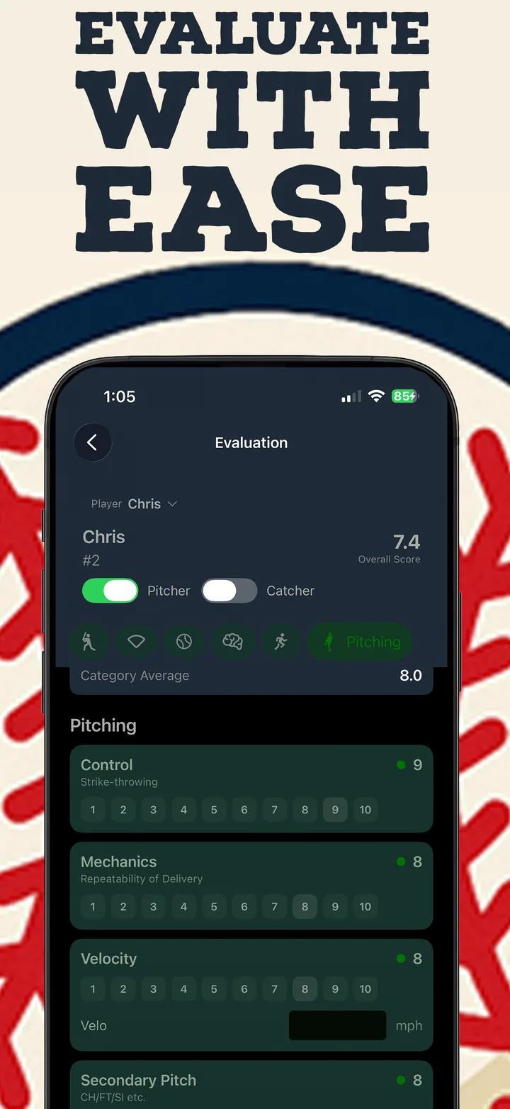 Pitch Tracker screen showing player evaluation
