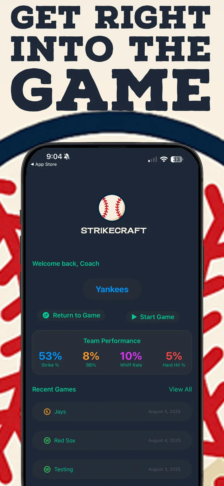 Pitch Tracker screen showing get into the game