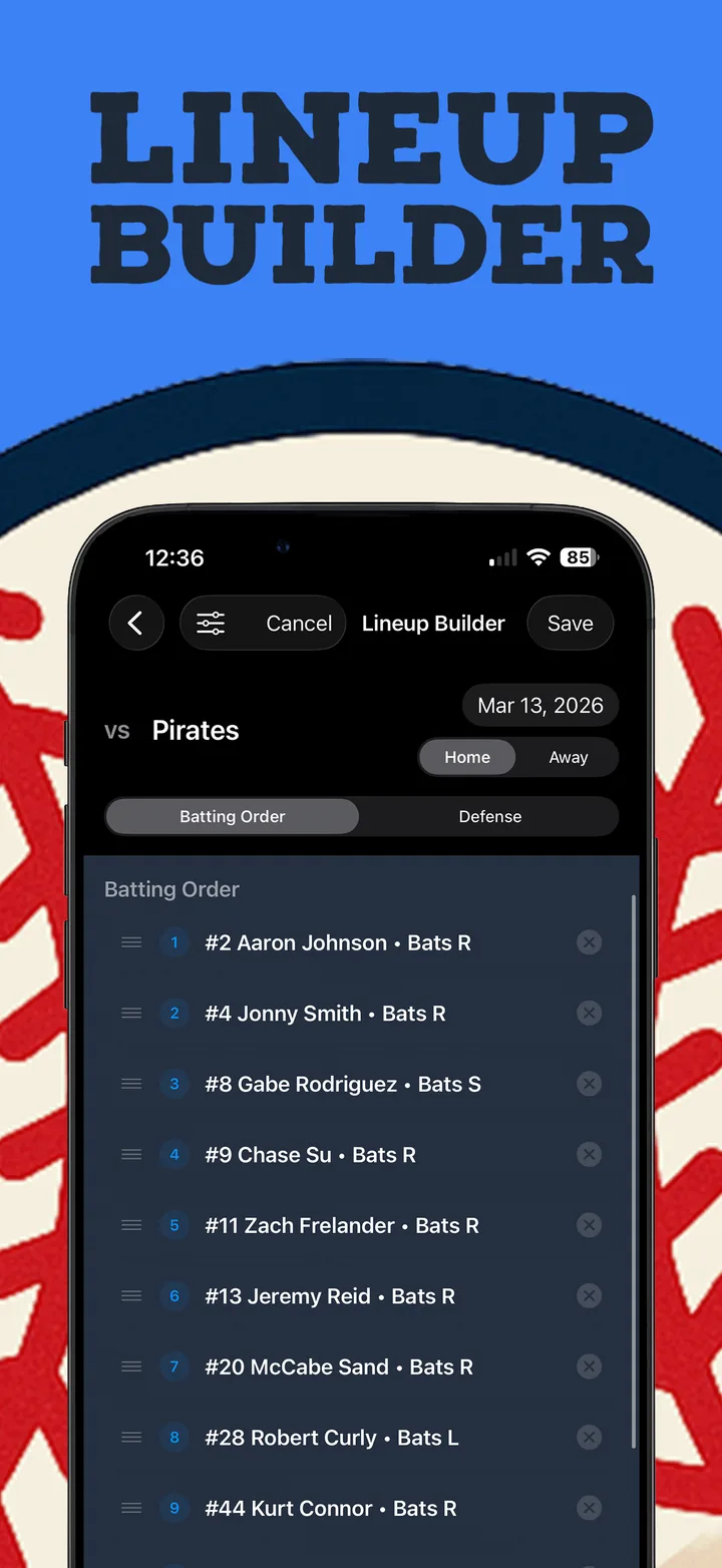 Pitch Tracker screen showing lineup builder