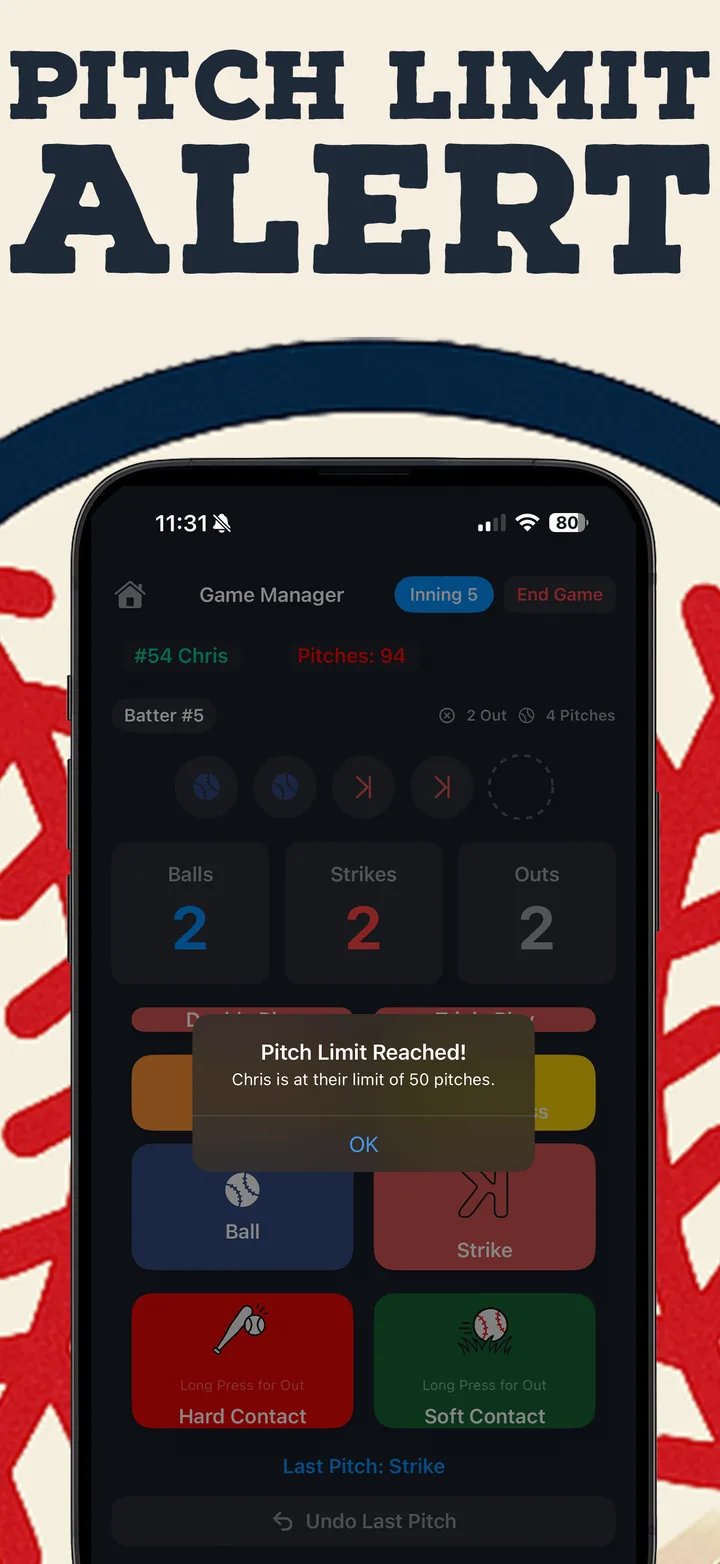 Pitch Tracker screen showing rest rules compliance
